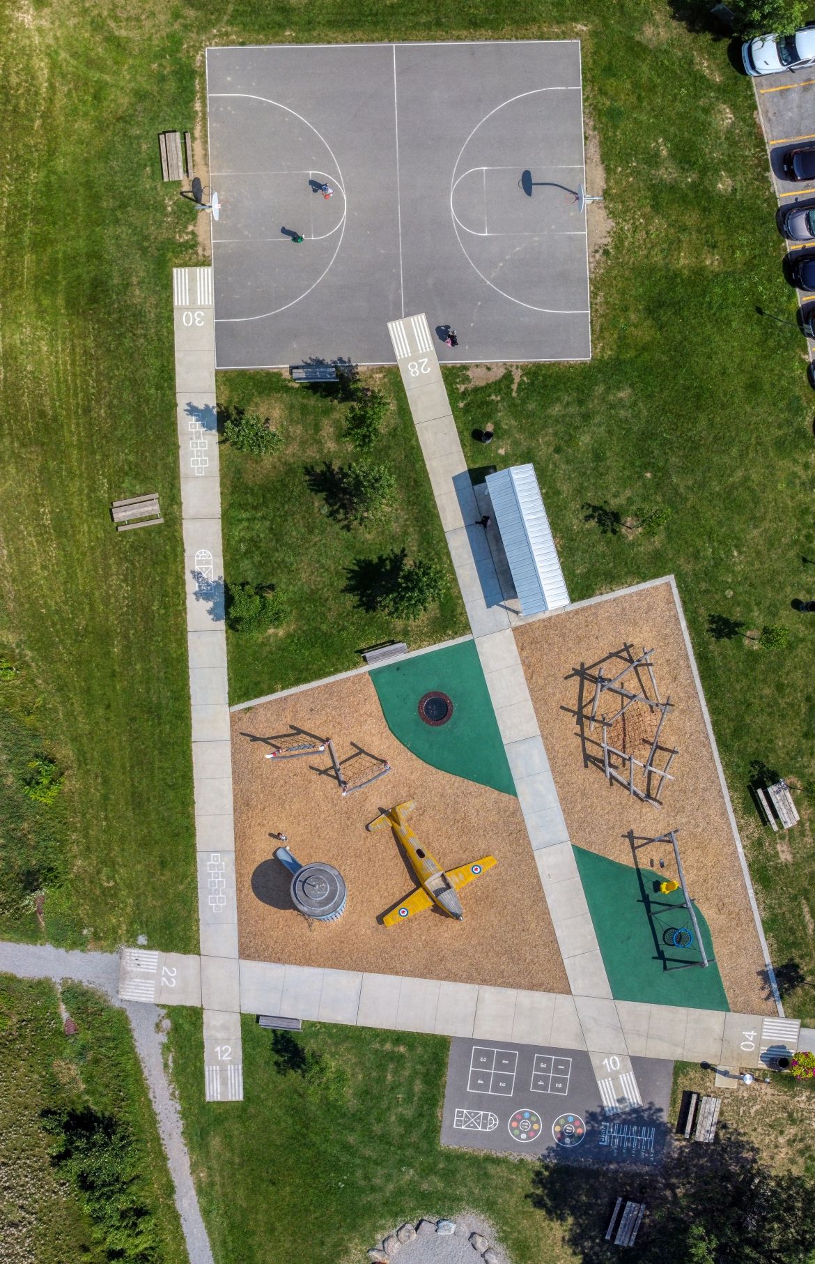 An aerial shot of the Play Zone and the basketball court next to it.